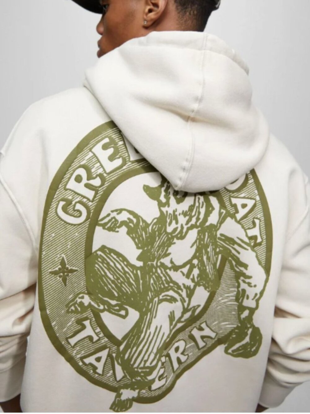 Denim and Flowers.  Green Goat Tavern Logo Hoodie in Light Beige.  Size large